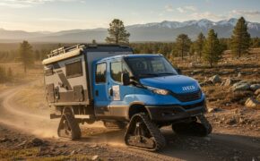 Camper 4x4 blu su cingoli percorre una pista sterrata al tramonto, scattato ad Abenteuer & Allrad a Bad Kissingen