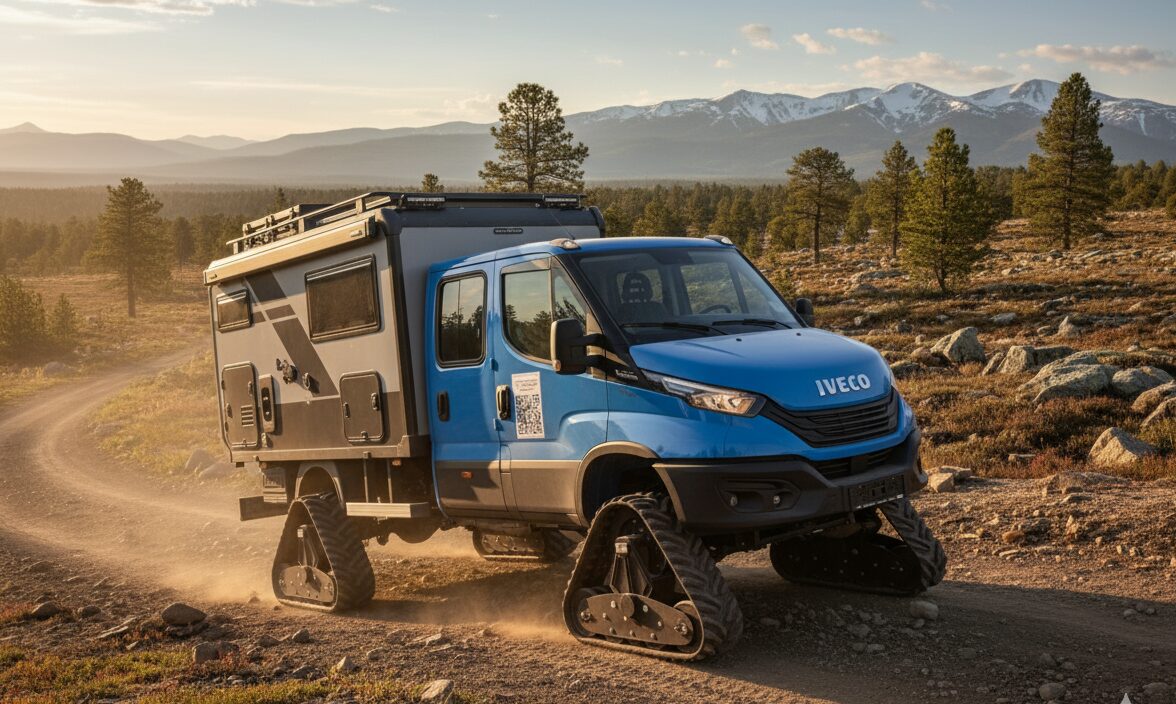 Camper 4x4 blu su cingoli percorre una pista sterrata al tramonto, scattato ad Abenteuer & Allrad a Bad Kissingen
